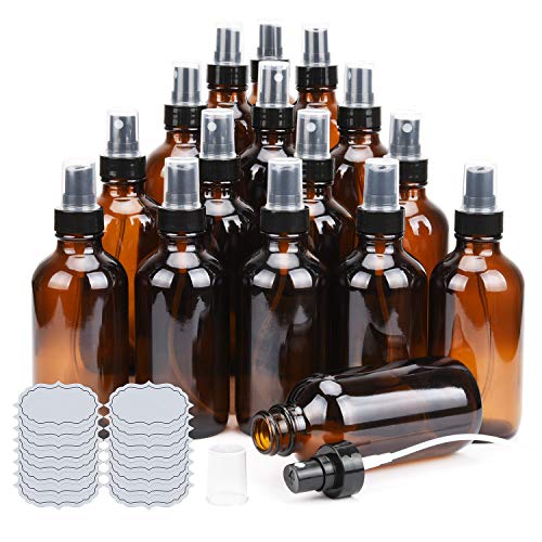 ULG Amber Glass Spray Bottles 4oz Brown Glass Bottle Fine Mist Sprayers Empty Spray Atomizer Including Waterproof DIY Labels 16 Piece - Image 1