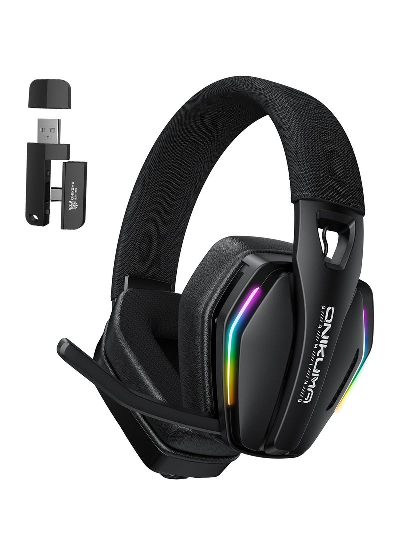 onikuma GT826 Tri-Mode Gaming Headset with Mic,40mm Drivers, 40ms Low Latency & 60H Playback | Gaming Headphone for PS5, PS4, PC, Mobile, Switch,Phone,Mac,Laptop: 2.4GHz Wireless + Bluetooth 5.4 + Wired - RGB Light,Black - Image 1