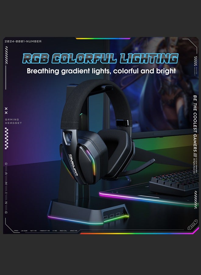 onikuma GT826 Tri-Mode Gaming Headset with Mic,40mm Drivers, 40ms Low Latency & 60H Playback | Gaming Headphone for PS5, PS4, PC, Mobile, Switch,Phone,Mac,Laptop: 2.4GHz Wireless + Bluetooth 5.4 + Wired - RGB Light,Black - Image 3
