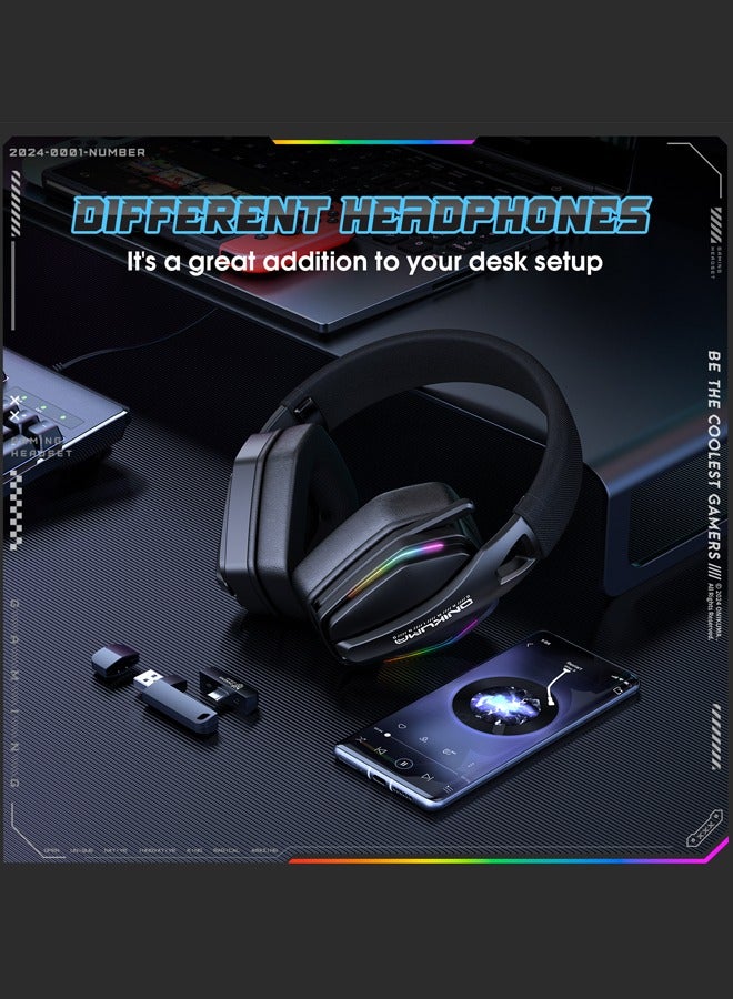 onikuma GT826 Tri-Mode Gaming Headset with Mic,40mm Drivers, 40ms Low Latency & 60H Playback | Gaming Headphone for PS5, PS4, PC, Mobile, Switch,Phone,Mac,Laptop: 2.4GHz Wireless + Bluetooth 5.4 + Wired - RGB Light,Black - Image 5