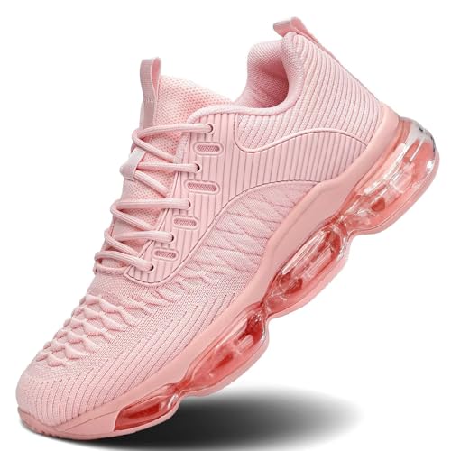 Luogoks Womens Walking Running Shoes Air Cushion Basketball Sneakers Fashion Tennis Breathable Sport Gym Fitness Cross Trainers Shoes Pink 9 - Image 1