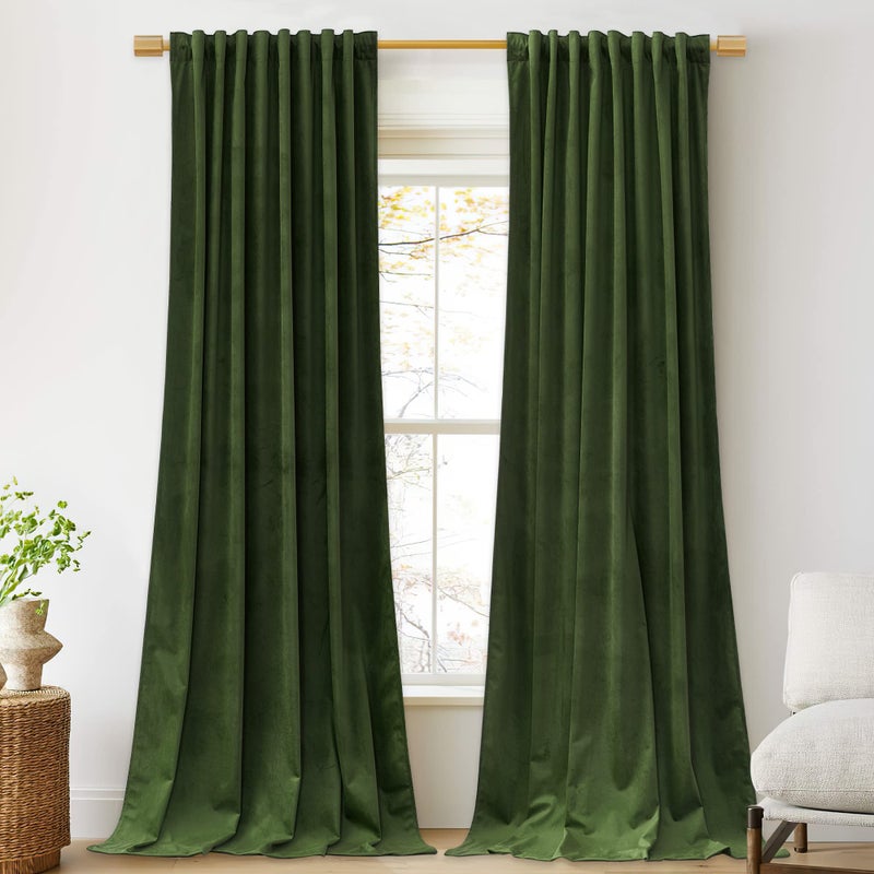 StangH Moss Green Velvet Curtains 84 inches Long Back Tab Room Darkening Window Treatment Super Soft Thick Heavy Drapes for Bedroom Office W52 x L84 2 Panels