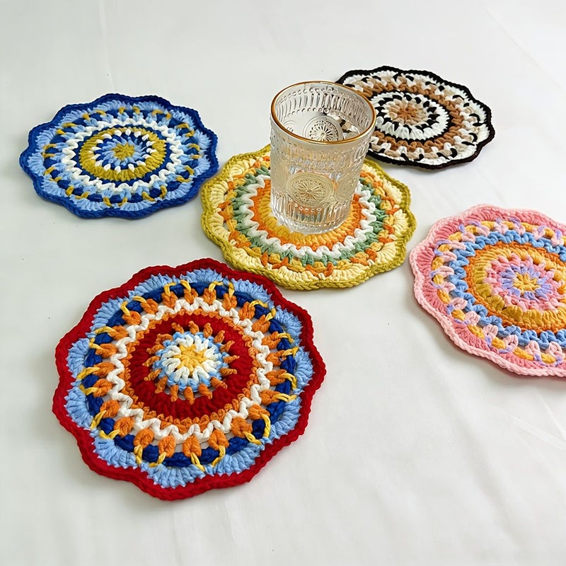 1 Handmade Crocheted Bohemian Coffee Color Round Coaster Mandala Flower Placemat Heat Insulation Pad Home Decoration Holiday Gift - Image 3