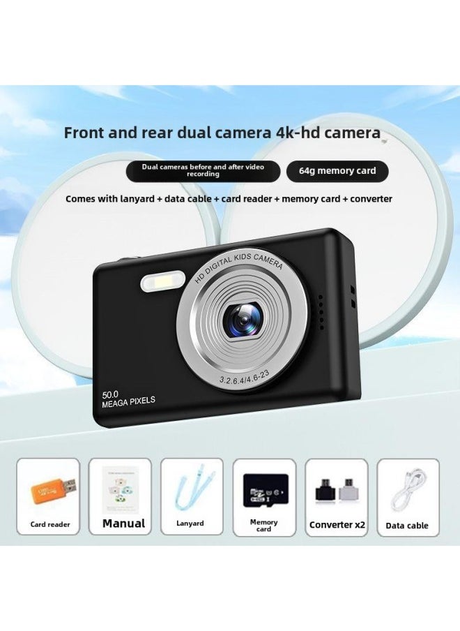 Generic Dual-camera HD Pixel Ccd Digital Camera Self-timer Vlog Small Card Machine Student Campus Introduction To Mobile Phone-Body Color: Xx*6 Cool Black - Camera + 64g Memory/can Take 10k Photos + 300 Videos  - Image 1