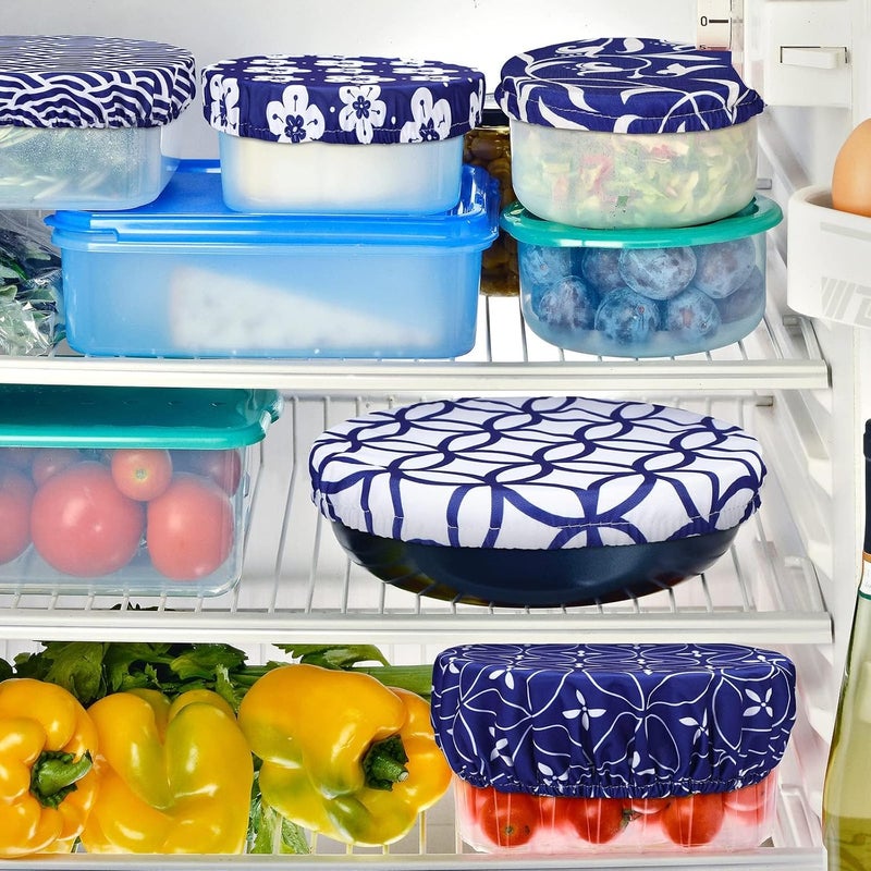 KASTWAVE 10 Pcs Reusable Stretch Fabric Bowl Covers, Elastic Multi-Siz, Bread Proofing, Fruits & Leftovers – Breathable, Washable, Eco-Friendly, Microwave & Dishwasher Safe, Blue & White Set - Image 3