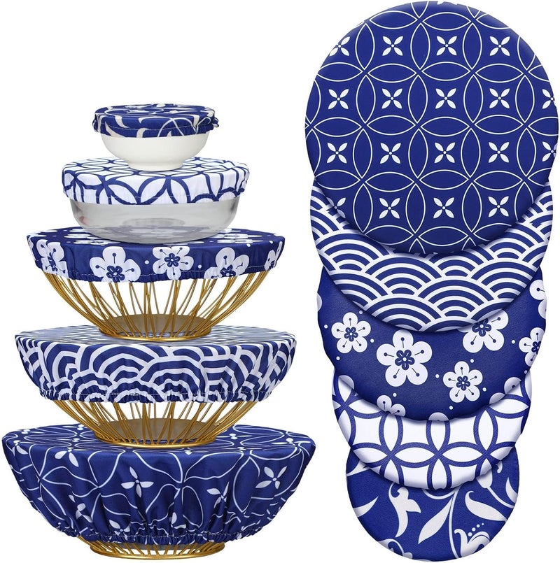 KASTWAVE 10 Pcs Reusable Stretch Fabric Bowl Covers, Elastic Multi-Siz, Bread Proofing, Fruits & Leftovers – Breathable, Washable, Eco-Friendly, Microwave & Dishwasher Safe, Blue & White Set - Image 1