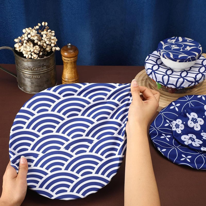 KASTWAVE 10 Pcs Reusable Stretch Fabric Bowl Covers, Elastic Multi-Siz, Bread Proofing, Fruits & Leftovers – Breathable, Washable, Eco-Friendly, Microwave & Dishwasher Safe, Blue & White Set - Image 2