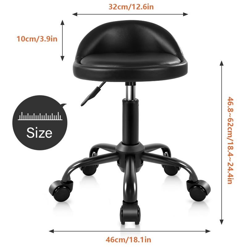 KKTONER Rolling Stool with BackRest Height Adjustable Round Chair with Wheels Swivel Drafting Work PU Leather stools Small (Black) - Image 3