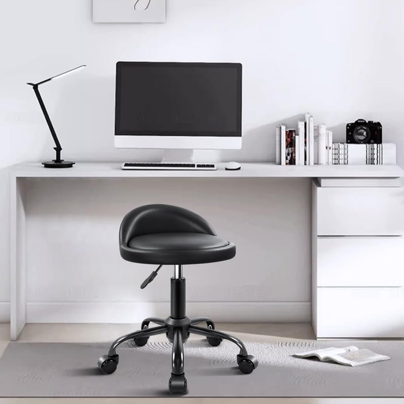 KKTONER Rolling Stool with BackRest Height Adjustable Round Chair with Wheels Swivel Drafting Work PU Leather stools Small (Black) - Image 2
