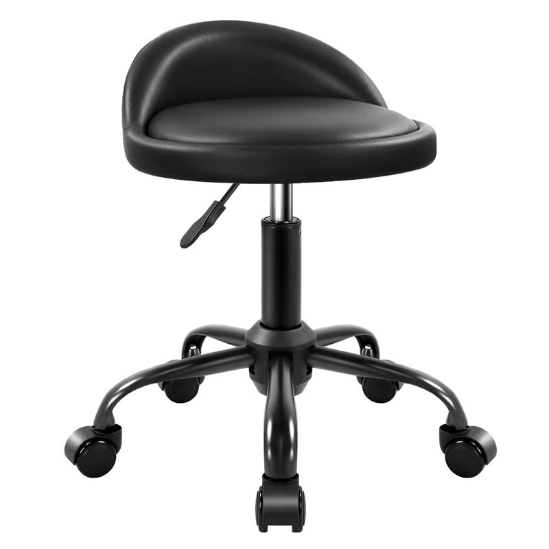 KKTONER Rolling Stool with BackRest Height Adjustable Round Chair with Wheels Swivel Drafting Work PU Leather stools Small (Black) - Image 1