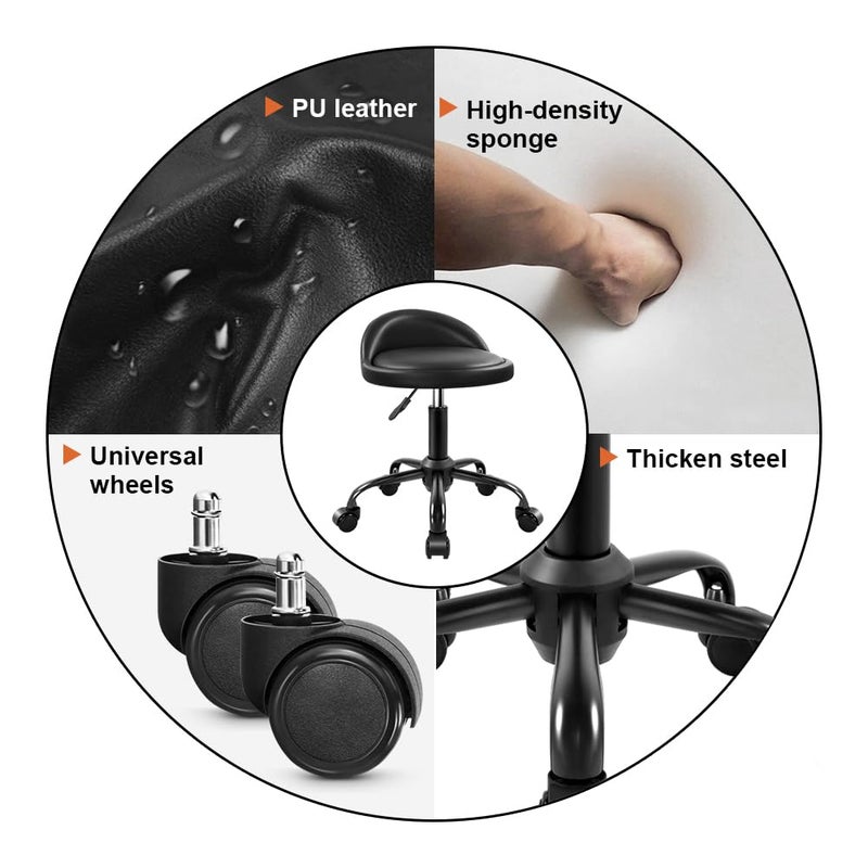 KKTONER Rolling Stool with BackRest Height Adjustable Round Chair with Wheels Swivel Drafting Work PU Leather stools Small (Black) - Image 5
