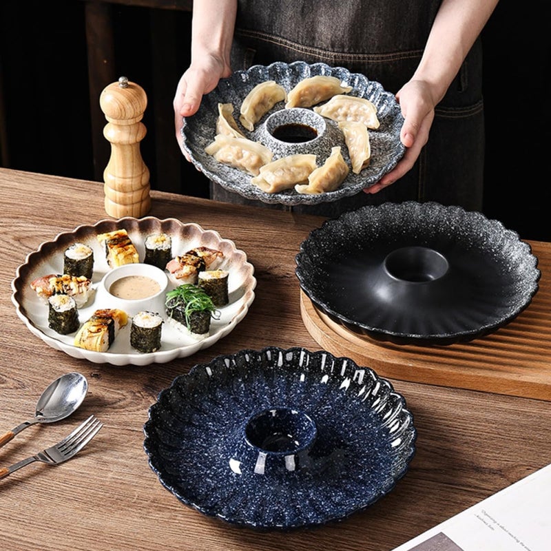 Blue Ceramic Dumpling Plate with Sauce Dish for Serving Japanese Snacks and Appetizers - Image 5