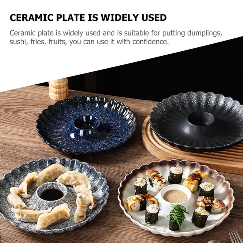 Blue Ceramic Dumpling Plate with Sauce Dish for Serving Japanese Snacks and Appetizers - Image 4