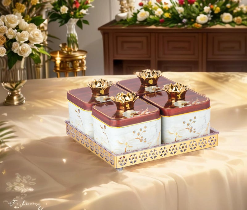 Nabhya Sparkle 4pc Dry Fruits Storage Container Set With Airtight Lid & Serving Tray, Serving Tray for Serving Sweets, Chips, Cookies & Other Snacks (Pack Of 4) (White) - Image 1
