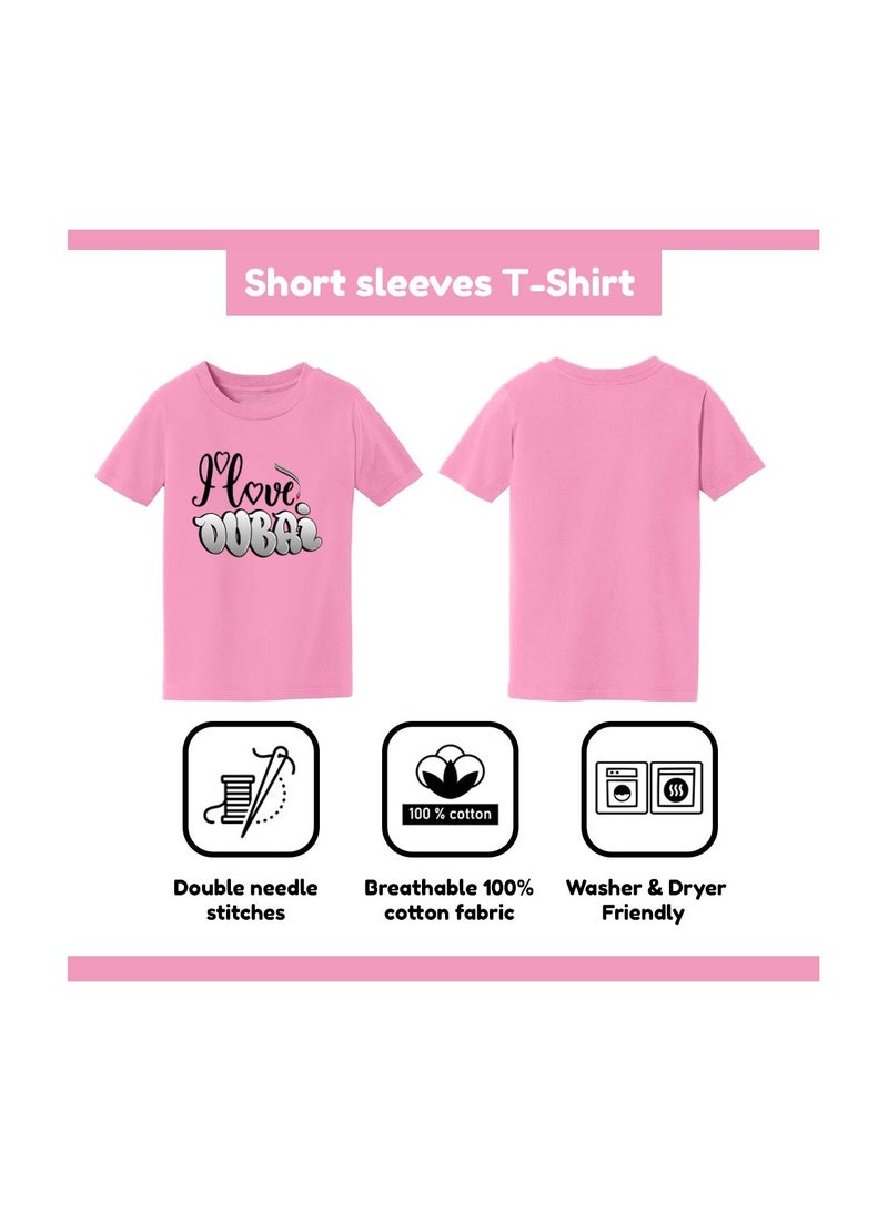 I Love Dubai Kids Girls T-Shirt - Round Neck With Short Sleeve-Girls Cotton T-Shirt -I Love Dubai-Printed T-Shirt-Perfect For Dubai Souvenir