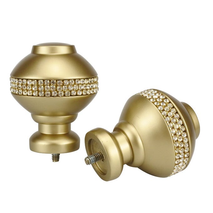 DECORATIVE CURTAIN ROD FINIALS LUXURY RHINESTONES GOLD ROUNDSET OF 2 COMPATIBLE WITH 1 OR 118 DIA CURTAIN ROD STANDALONE FINIAL PAIR GOLD