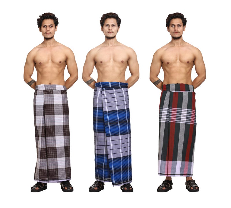 Gowri Tex Cotton Stitched Lungis Pack Of 3 Ready To Wear (2.25Meter) (Coffee Brown-DarkBlue-Red) - Image 1