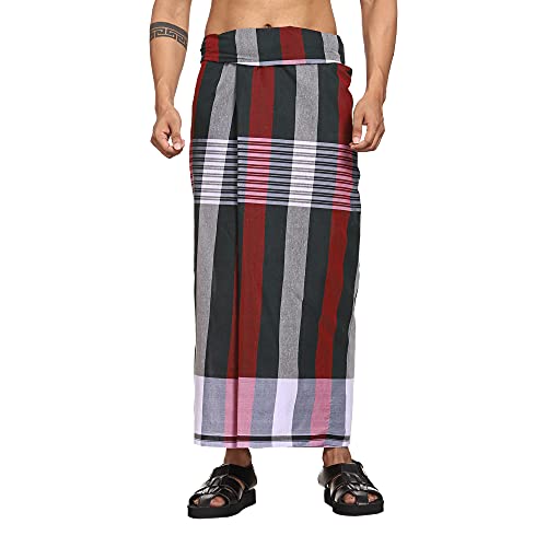 Gowri Tex Cotton Stitched Lungis Pack Of 3 Ready To Wear (2.25Meter) (Coffee Brown-DarkBlue-Red) - Image 4