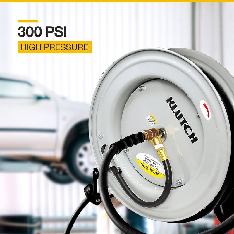 Klutch بكرة خرطوم هواء قابلة للرجوع التلقائي - مع خرطوم مطاطي 3/8 بوصة × 50 قدم، 300 PSI - Image 2