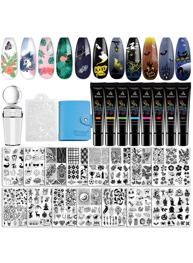 بيوتي مجموعة ألواح ختم الأظافر 15 قطعة من ألواح الأظافر 8 قطع من جل الختم قطعة واحدة من مجموعة مكشطة ختم الأظافر حقيبة تخزين صندوق هدايا مجموعة قوالب ختم الأظافر هالوين دانتيل زهرة نجمة تصميم عطلة - Image 1