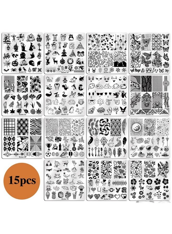 بيوتي مجموعة ألواح ختم الأظافر 15 قطعة من ألواح الأظافر 8 قطع من جل الختم قطعة واحدة من مجموعة مكشطة ختم الأظافر حقيبة تخزين صندوق هدايا مجموعة قوالب ختم الأظافر هالوين دانتيل زهرة نجمة تصميم عطلة - Image 2