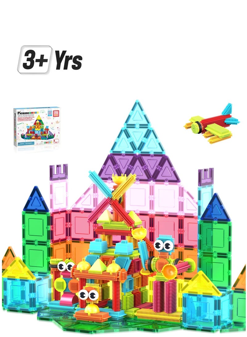 PicassoTiles Picasso Magnetic Tiles with Hedgehog Building Block Set 75 Pieces | Magnetic Tiles | Building Blocks | Educational Toy Set | Construction Building Kit for Child Brain Development  - Image 1