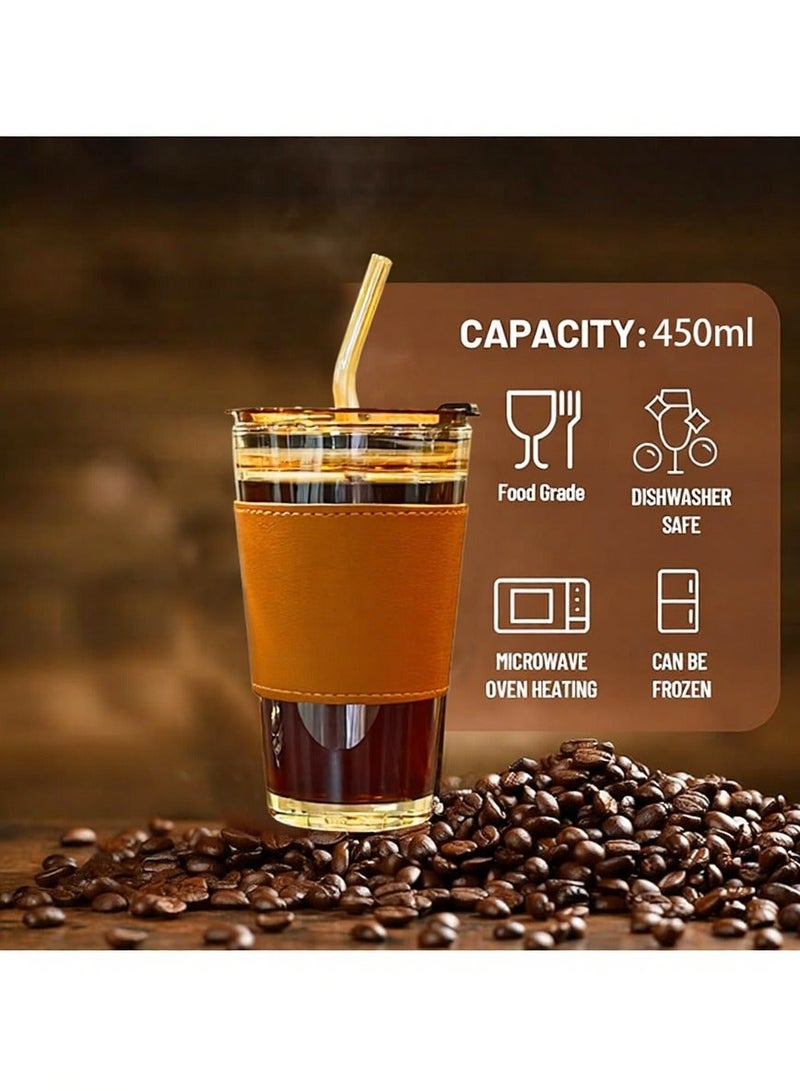 HAOHAN Glass Cup with Leak-proof Lid and Straw,15oz/450ml Reusable Iced Coffee Cup – Amber Clear Drinking Glass for Tea, Juice, Water. - Image 4
