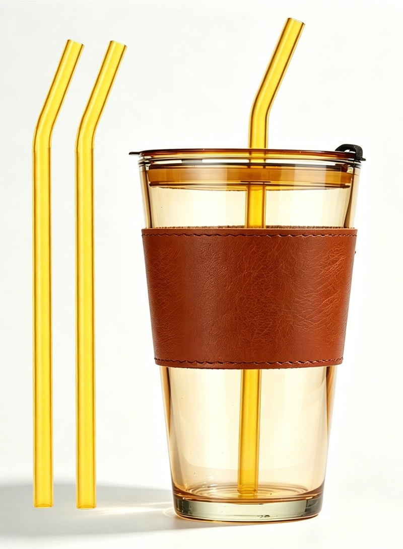 HAOHAN Glass Cup with Leak-proof Lid and Straw,15oz/450ml Reusable Iced Coffee Cup – Amber Clear Drinking Glass for Tea, Juice, Water. - Image 1