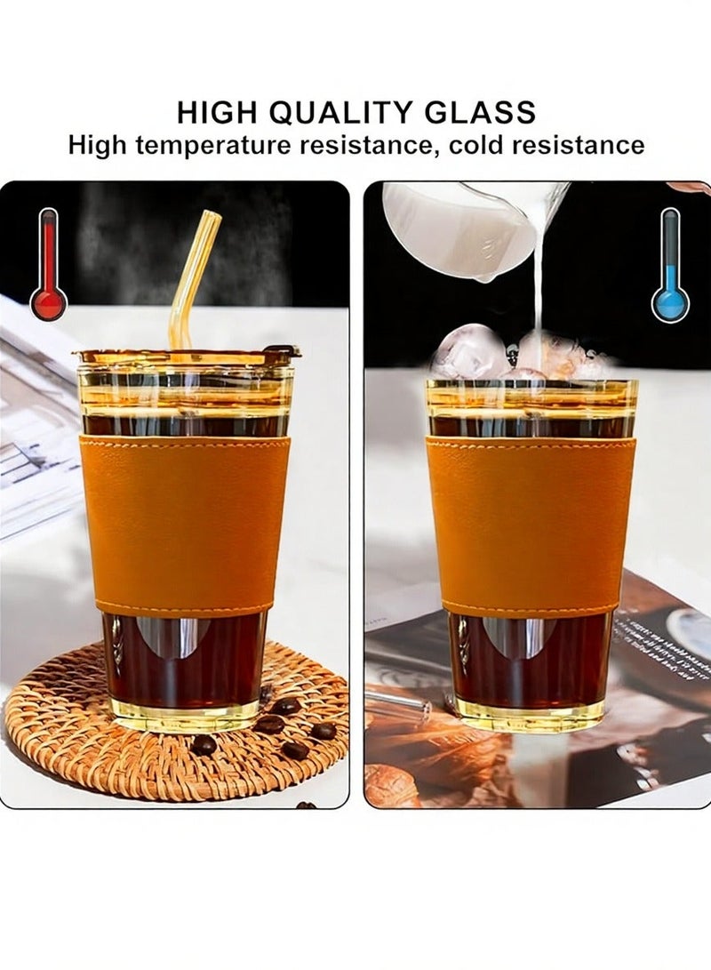 HAOHAN Glass Cup with Leak-proof Lid and Straw,15oz/450ml Reusable Iced Coffee Cup – Amber Clear Drinking Glass for Tea, Juice, Water. - Image 3