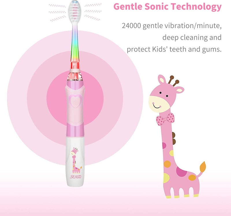 Seago Kids Electric Toothbrush 35612 Toddler Childrens Toothbrushes with TimerColorful Rainbow LED Light and 4 Heads for Junior Boys Girls BatteryPowered Sonic Tooth Brush SG977 Pink - Image 5