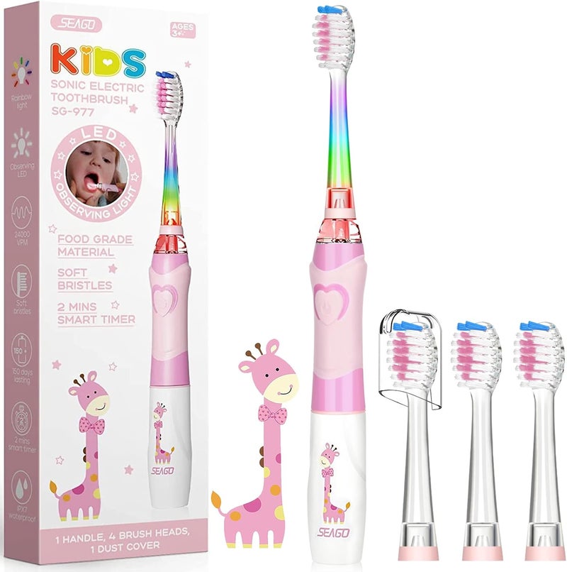 Seago Kids Electric Toothbrush 35612 Toddler Childrens Toothbrushes with TimerColorful Rainbow LED Light and 4 Heads for Junior Boys Girls BatteryPowered Sonic Tooth Brush SG977 Pink - Image 1