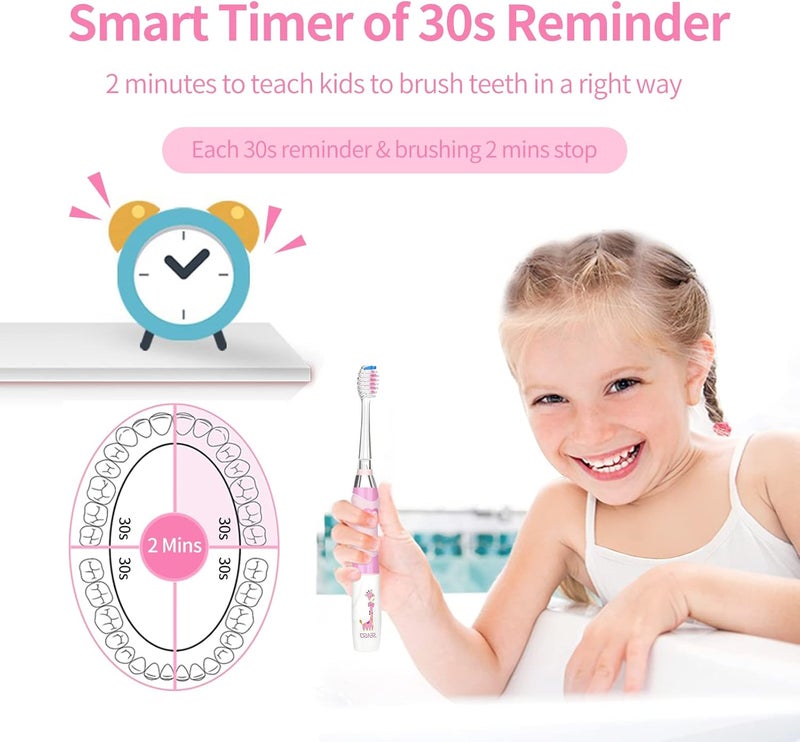 Seago Kids Electric Toothbrush 35612 Toddler Childrens Toothbrushes with TimerColorful Rainbow LED Light and 4 Heads for Junior Boys Girls BatteryPowered Sonic Tooth Brush SG977 Pink - Image 4