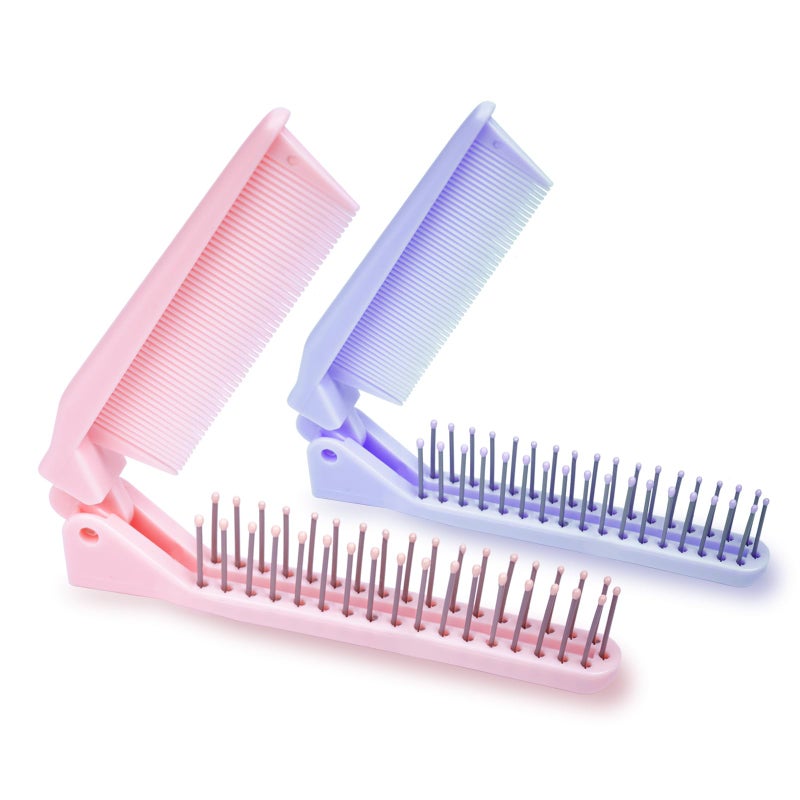 RHOS 2-Pieces Mini Folding Combs for Purse and Travel, Double Headed Small Combs and Brush Set for Women,Girls (Pink & Purple) - Image 1