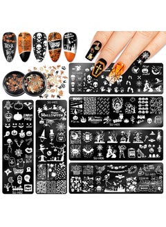 Whaline Halloween Nail Stamper Set 6Pcs Nail Art Plates 2 Box Nail Art Glitters Pumpkin Bat Ghost Spider Witch Owl Stamping Templates Gold Black Manicure Sequins for DIY Nail Salon Decoration
