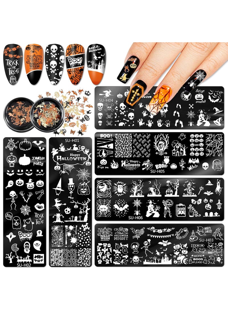 Whaline - Whaline Halloween Nail Stamper Set 6Pcs Nail Art Plates 2 Box Nail Art Glitters Pumpkin Bat Ghost Spider Witch Owl Stamping Templates Gold Black Manicure Sequins for DIY Nail Salon Decoration - Image 1