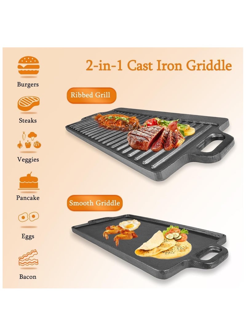 NANAO 2-in-1 Cast Iron Grill & Griddle - Pre-Seasoned Reversible Grilling Plate - Oven, Campfire, Double Burner Stove Top Skillet - With Handles, Grease Reservoir - 50 * 23CM  - Image 2