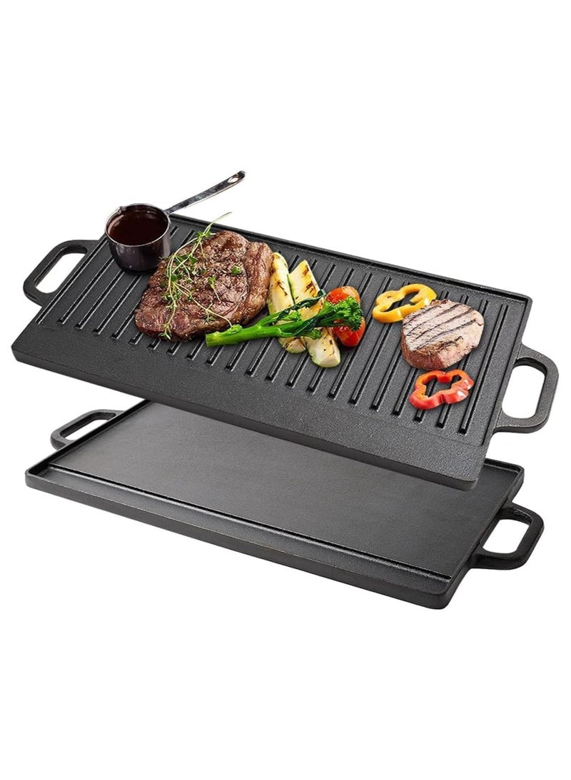 NANAO 2-in-1 Cast Iron Grill & Griddle - Pre-Seasoned Reversible Grilling Plate - Oven, Campfire, Double Burner Stove Top Skillet - With Handles, Grease Reservoir - 50 * 23CM  - Image 1