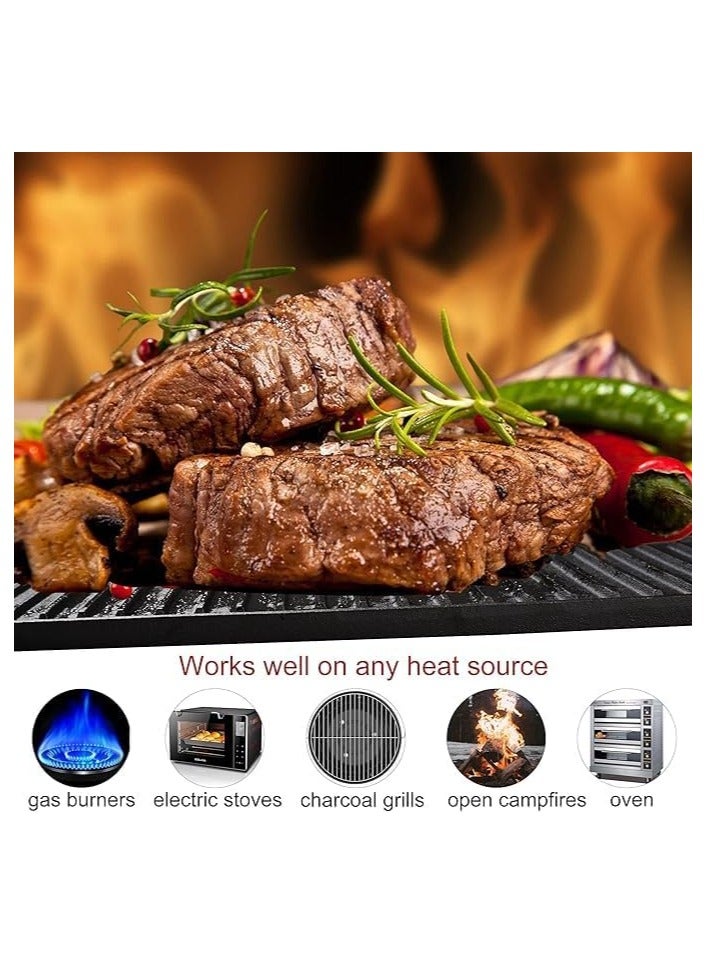 NANAO 2-in-1 Cast Iron Grill & Griddle - Pre-Seasoned Reversible Grilling Plate - Oven, Campfire, Double Burner Stove Top Skillet - With Handles, Grease Reservoir - 50 * 23CM  - Image 3