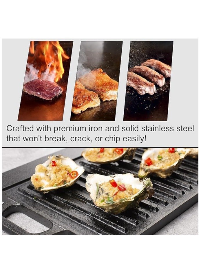 NANAO 2-in-1 Cast Iron Grill & Griddle - Pre-Seasoned Reversible Grilling Plate - Oven, Campfire, Double Burner Stove Top Skillet - With Handles, Grease Reservoir - 50 * 23CM  - Image 4