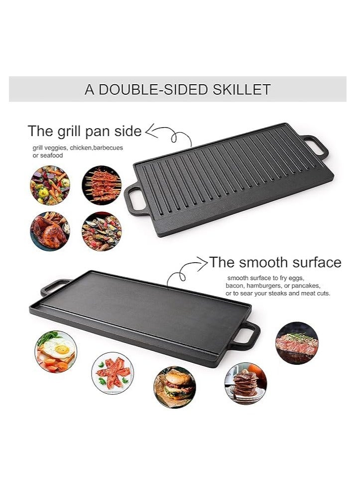 NANAO 2-in-1 Cast Iron Grill & Griddle - Pre-Seasoned Reversible Grilling Plate - Oven, Campfire, Double Burner Stove Top Skillet - With Handles, Grease Reservoir - 50 * 23CM  - Image 5