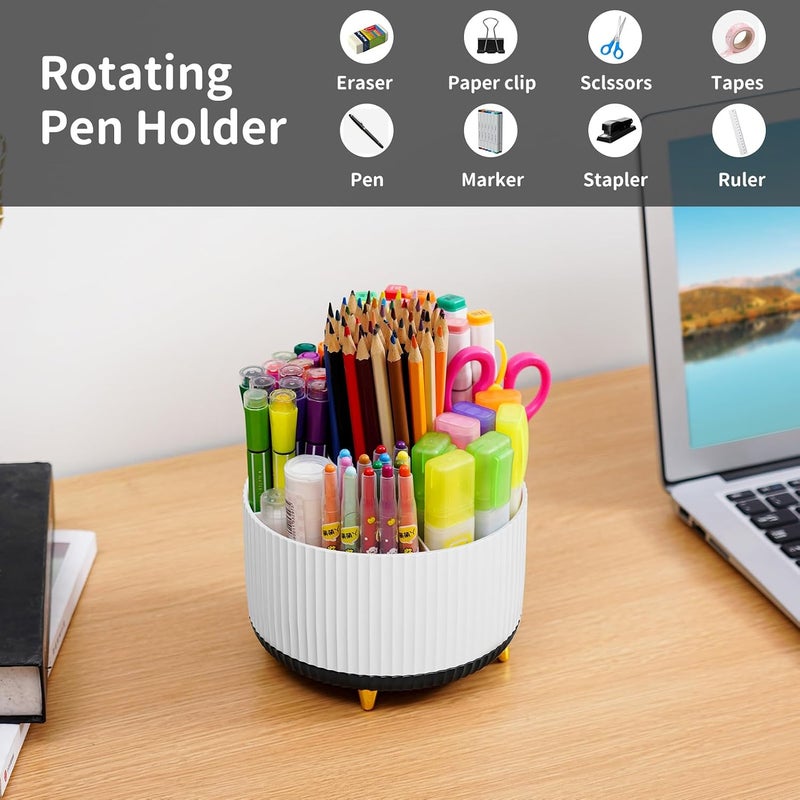 Marbrasse Desk Organizer, 360-Degree Rotating Pen Holder, Desk Organizers and Accessories with 5 Compartments Pencil Holder, Art Supply Storage Box Caddy for Office, Home (White+Black) - Image 3