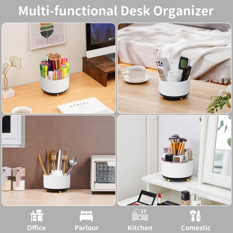 Marbrasse Desk Organizer, 360-Degree Rotating Pen Holder, Desk Organizers and Accessories with 5 Compartments Pencil Holder, Art Supply Storage Box Caddy for Office, Home (White+Black) - Image 2
