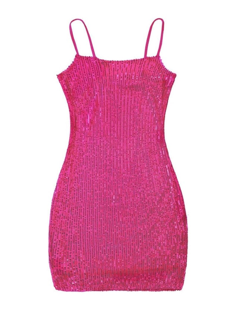 EXARUS Girls Sparkly Dress Sequin Homecoming School Dance Party Bodycon Special Occasion Spaghetti Strap Mini Tight Dresses Hot Pink 10Y - Image 1
