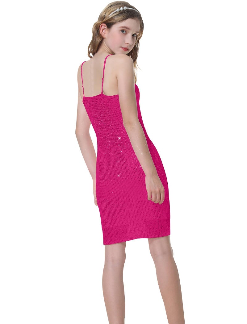 EXARUS Girls Sparkly Dress Sequin Homecoming School Dance Party Bodycon Special Occasion Spaghetti Strap Mini Tight Dresses Hot Pink 10Y - Image 4