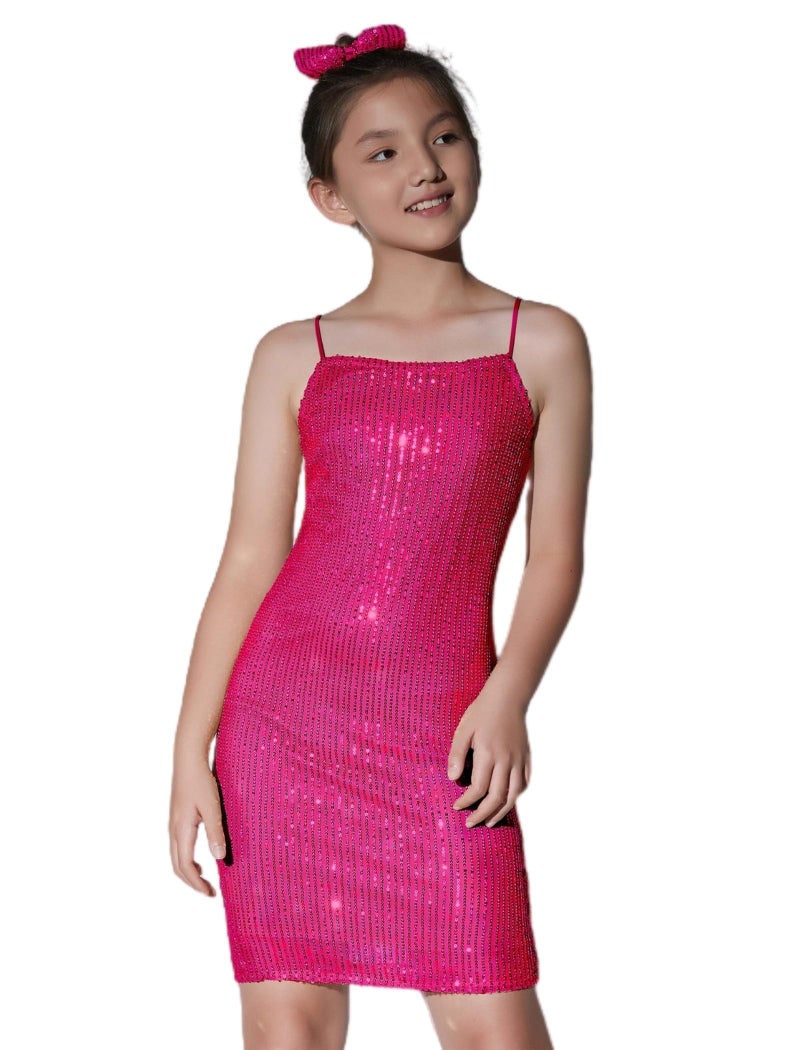EXARUS Girls Sparkly Dress Sequin Homecoming School Dance Party Bodycon Special Occasion Spaghetti Strap Mini Tight Dresses Hot Pink 10Y - Image 2