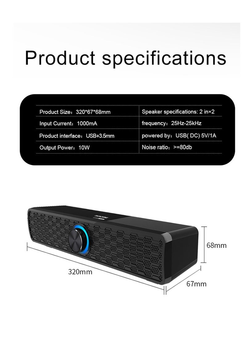 مكبر صوت سبيكر صغير الحجم لأجهزة الكمبيوتر - صوت محيطي قوي - إضاءة LED - تحكم بكرة - منفذ USB + 3.5 ملم - 10 واط
