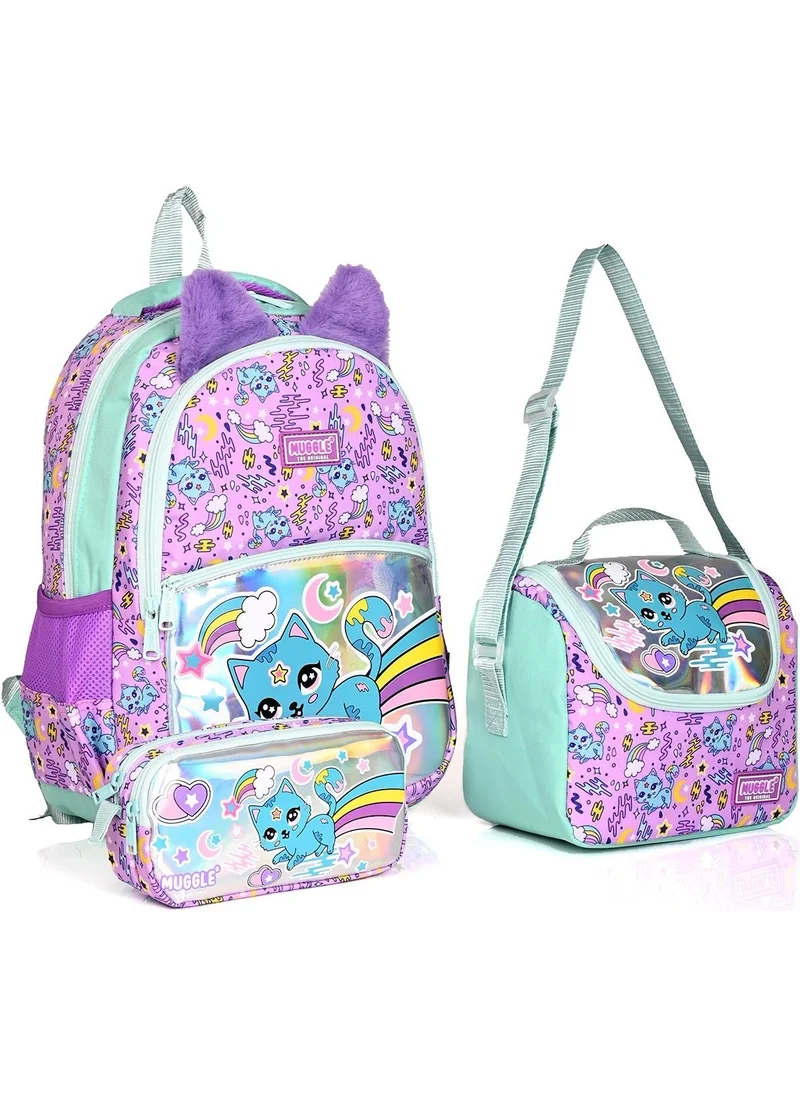 muggle MU 7372 Sweet Cat School Backpack Set of 3 Purple