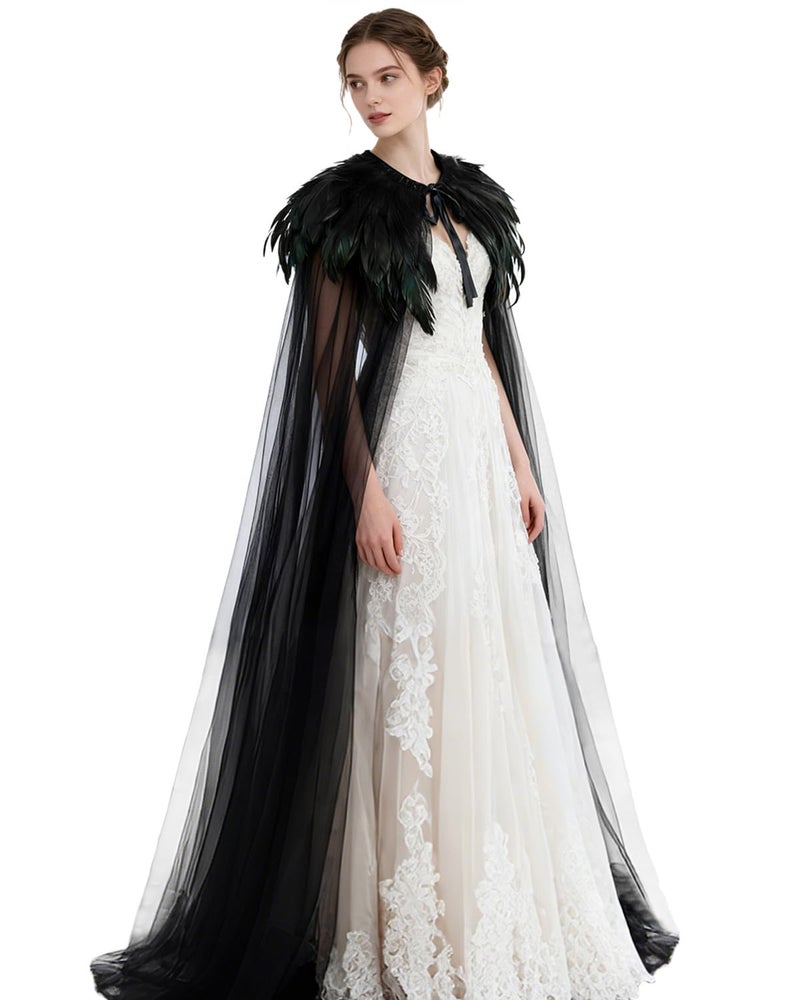 L'VOW Women Black Feather Cloak Gothic Feather Collar Tulle Cape Vampire Cloak Witches Cape Cosplay Costume - Image 1