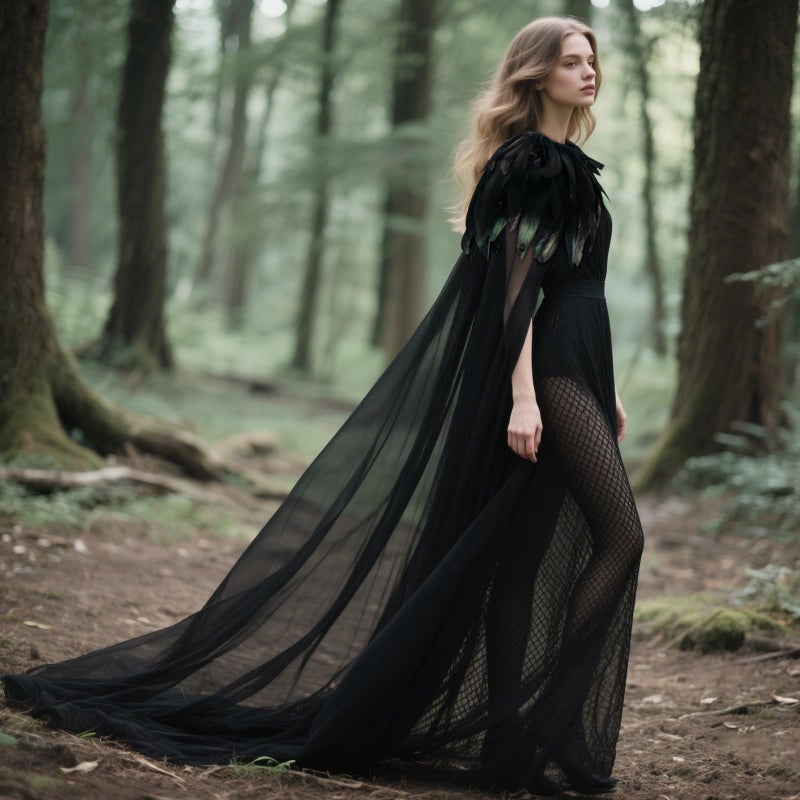 L'VOW Women Black Feather Cloak Gothic Feather Collar Tulle Cape Vampire Cloak Witches Cape Cosplay Costume - Image 4
