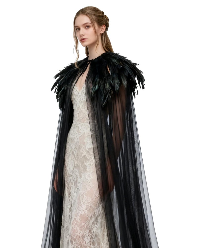 L'VOW Women Black Feather Cloak Gothic Feather Collar Tulle Cape Vampire Cloak Witches Cape Cosplay Costume - Image 3
